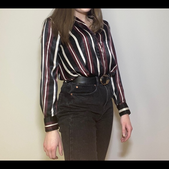 Black, Burgundy and White Striped Long-Sleeved Top - Picture 1 of 6